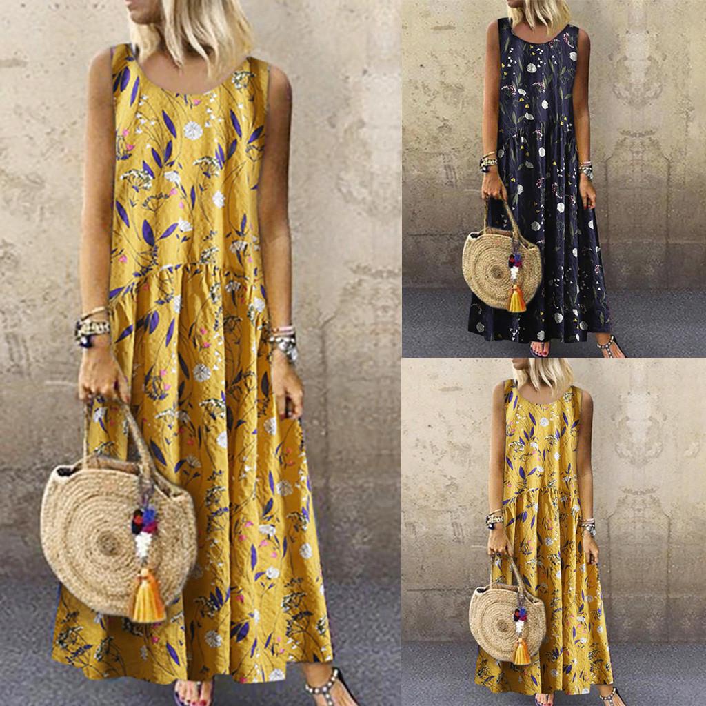 

Women Plus Size Bohemian Floral Print Vintage Sleeveless Long Maxi Dress M Темно-синій