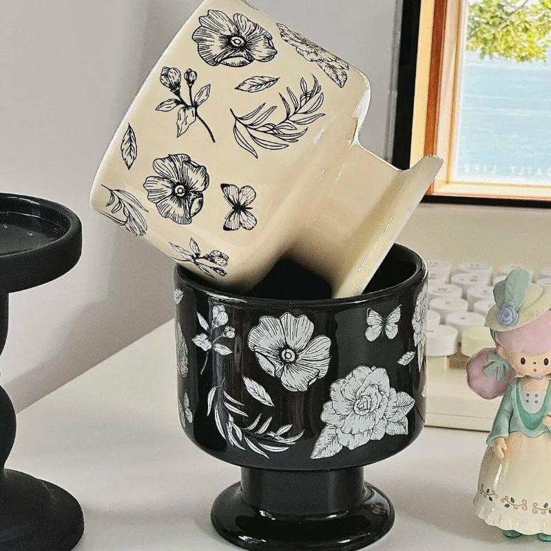 Retro Camellia Black and White Goblet Niche Ceramic Mug Coffee Dessert Water Cup Souvenir Gift Birthday