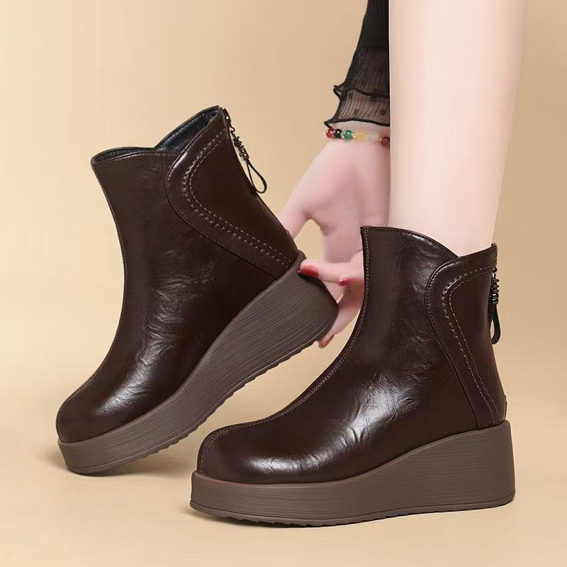 Women Genuine Leather Wedges Ankle Cotton Boots Winter New High Quality Thick Sole Round Toe Thicken Plush Keep Warm Snow Boots