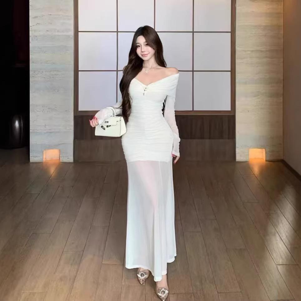 High-End Elegant Mesh One-Shoulder Long-Sleeve Slim Dress - 2026 Formal Hip-Hugging Style
