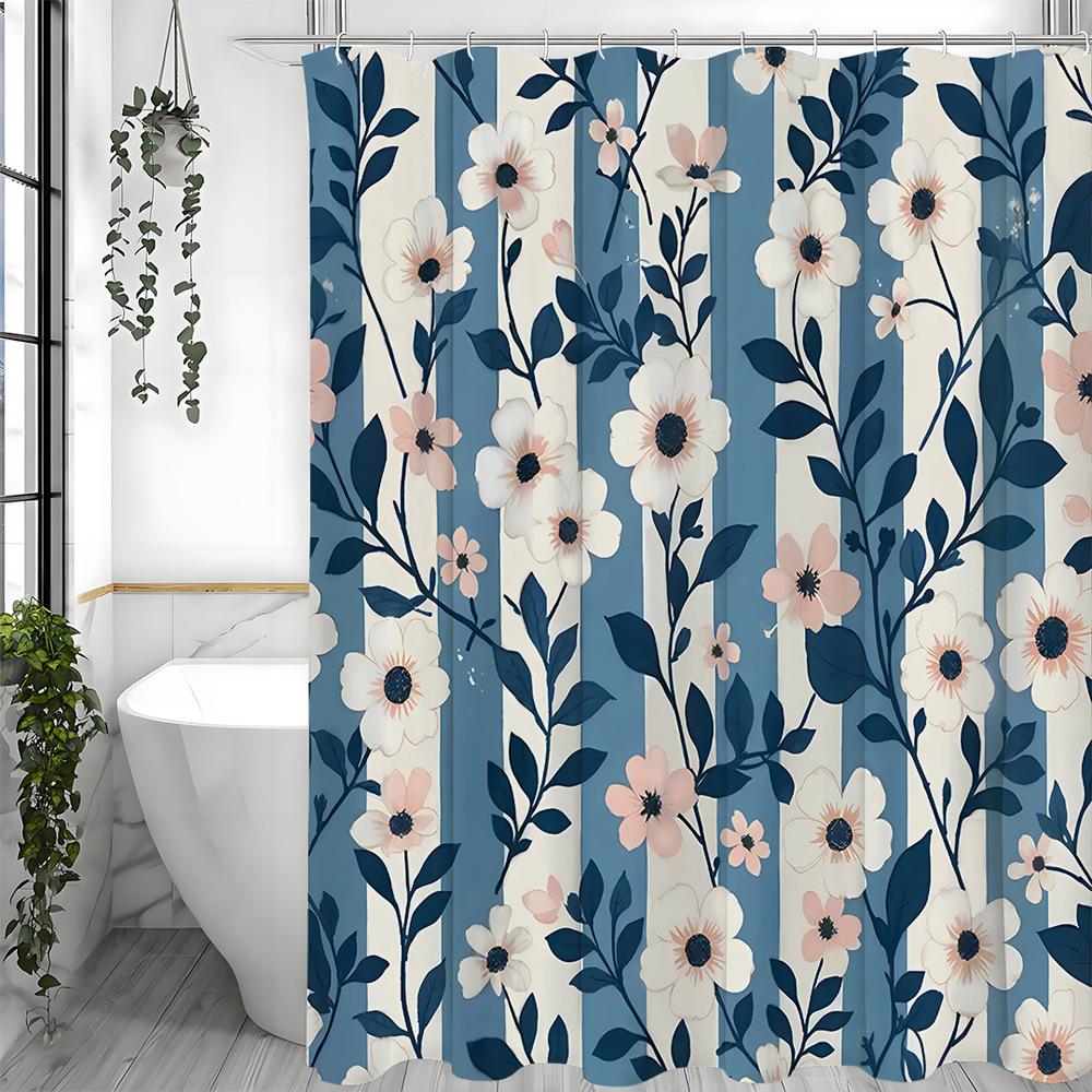 

Blue Chrysanthemum Plant Shower Curtain Washable Dirt-Resistant Shower Head Waterproof Polyester Bath Curtain For Home Decor W60H190(CM)-1 Pcs