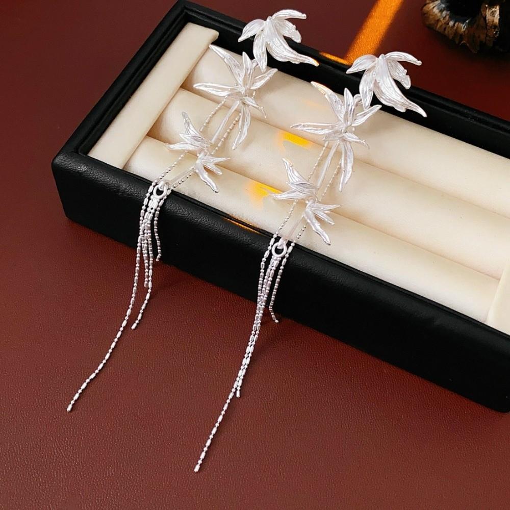 Chinese Ancient Style Long Tassel Dangle Earrings Zinc Zinc Alloy Ear Jewelry Bamboo Leaf Earrings Women