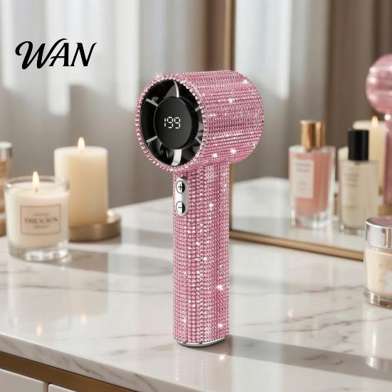 Rhinestone Handheld Fan with Digital Display, Turbo High Speed Portable Powerful Mini Fan, Quiet Operation Cooling for Outdoor Travel
