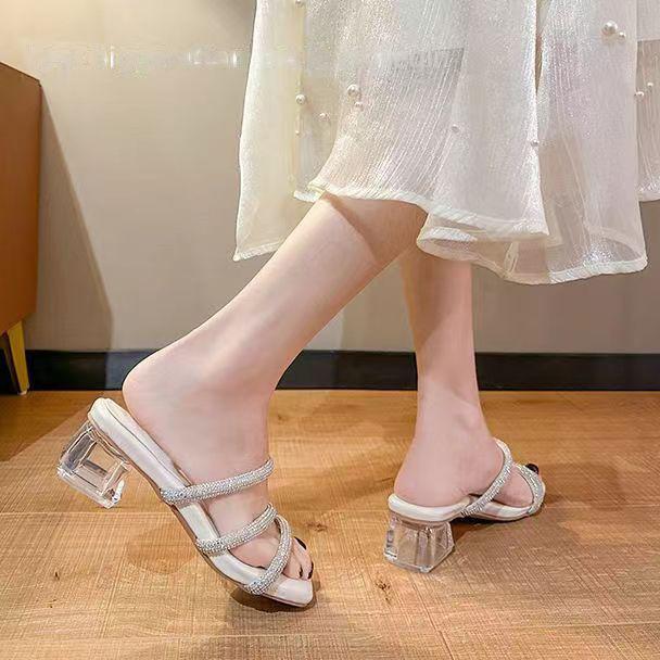 2025 Summer New Rhinestones Open-toed Thick High Heels Open-toed Sandals Women's Simple Square Head One-word Slippers