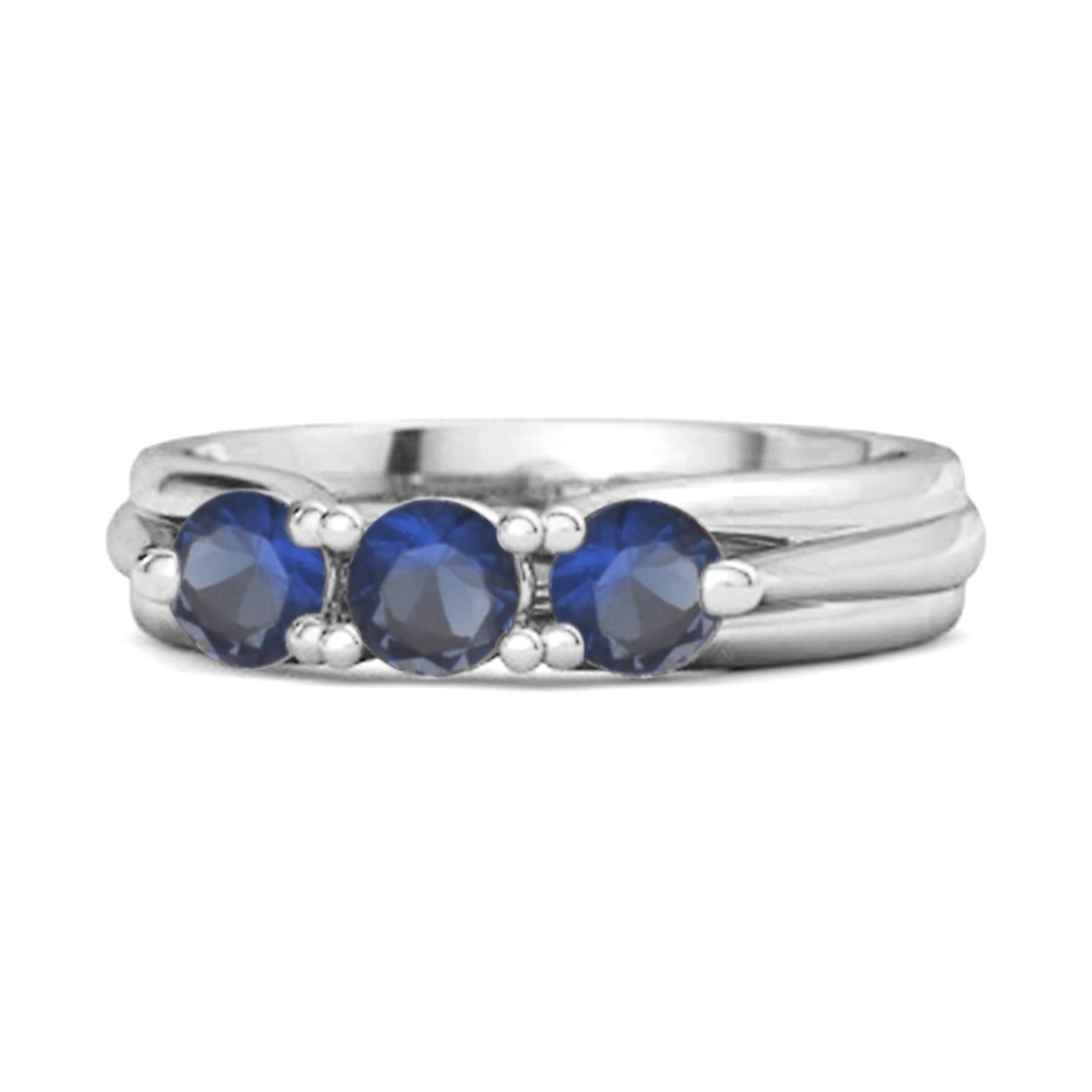 Blue Sapphire Three Stone Ring - 925  Sterling Silver 11.5