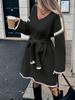 Women's Loose-fit Knitted V-neck Long Sleeve Dress With Belt