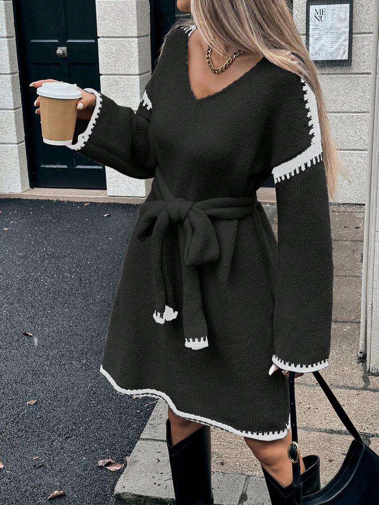 Women's Loose-fit Knitted V-neck Long Sleeve Dress With Belt