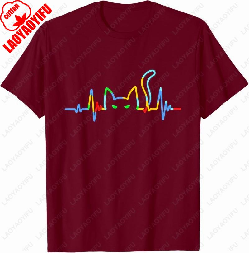 Funny Heartbeat Cat Lover Animal Silhouette Cute Printed Unisex Adult Cotton TShirt Creative Trend Casual Simple Man Camisetas