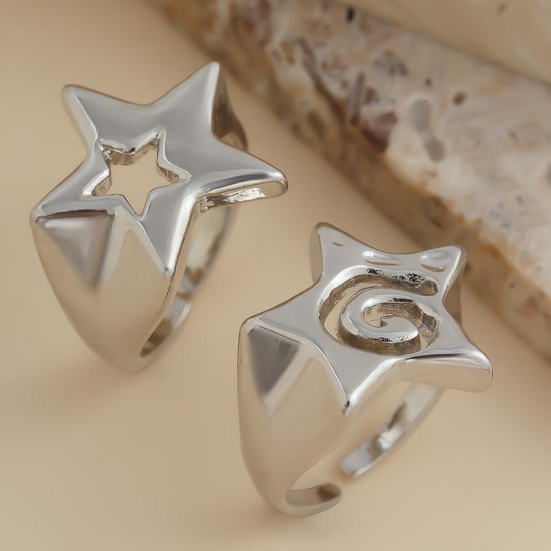 Y2K Trendy Star Couple Rings Set for Women Men Adjustable Opening Ring Punk Party Jewelry Personality Metal Accessories 2PCS