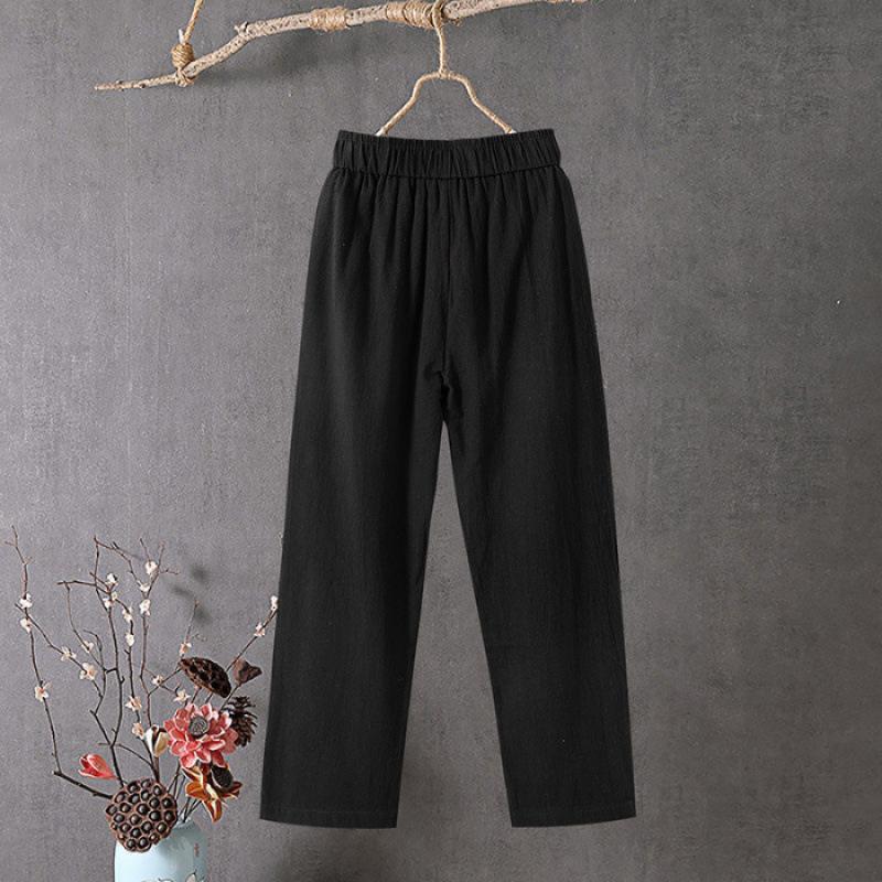 Cotton Linen Loose Straight Harem Pants with Elastic Waistband