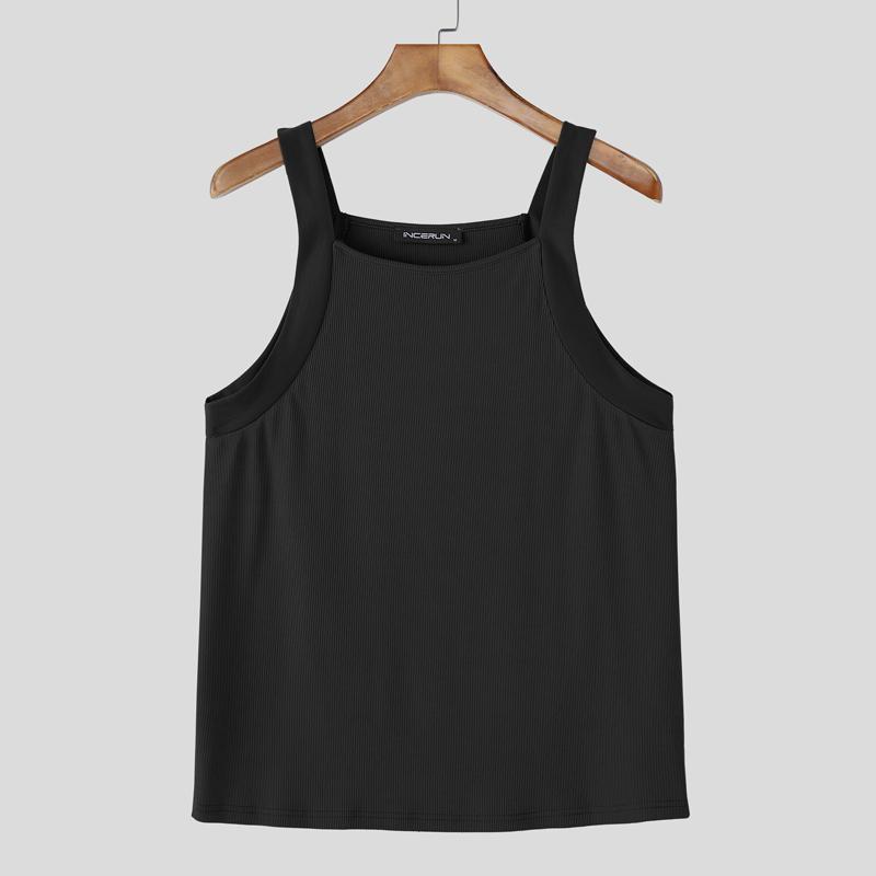 

INCERUN Мужские майки без рукавов на бретелях, однотонные, повседневные, облегающие, рубчик 4XL чёрный