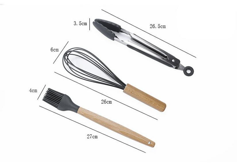 11-Piece Silicone Kitchen Utensil Set with Wooden Handles - Black & Khaki Storage Bucket Included