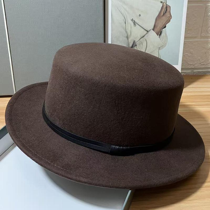 French Autumn and Winter New Retro Wool Flat Top Top Hat Women's Outdoor Warm Big Brim Versatile Face Small Felt Hat