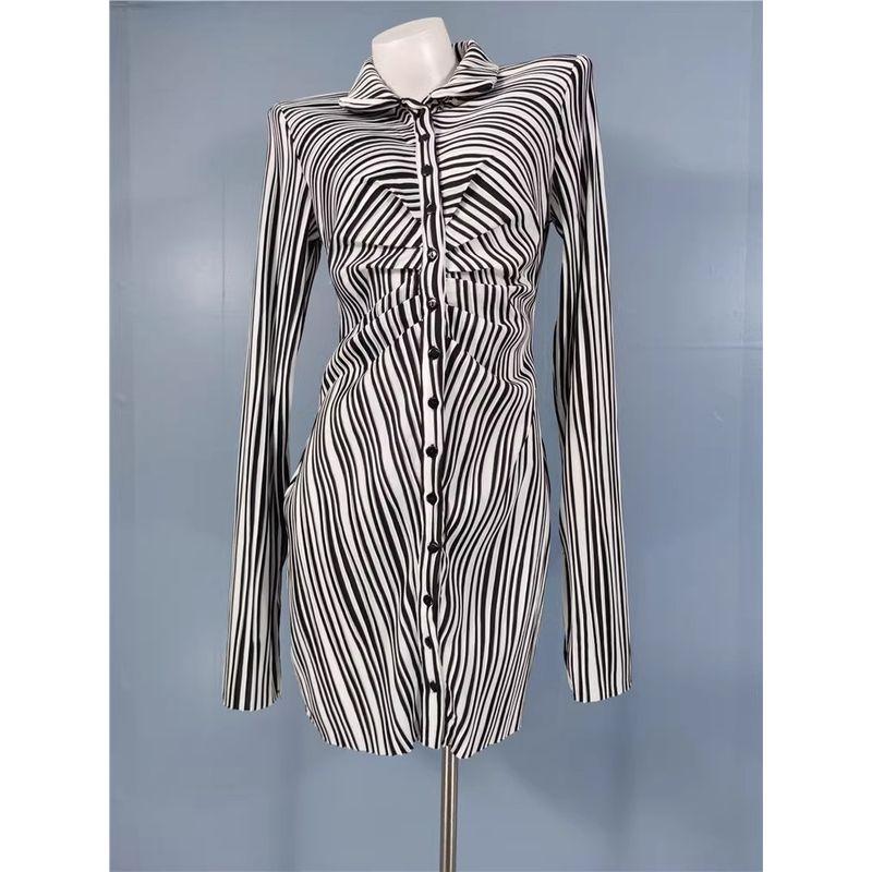Export Single FN Elastic Fabric Pleated High Waist Black and White Striped Slit Speaker Long Sleeves Dress Plus Plus Size