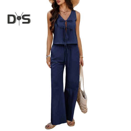 Tenue d'été 2 pièces pour femme, haut sans manches noué sur le devant, pantalon large, tenue décontractée pour la maison, les fêtes et le bureau