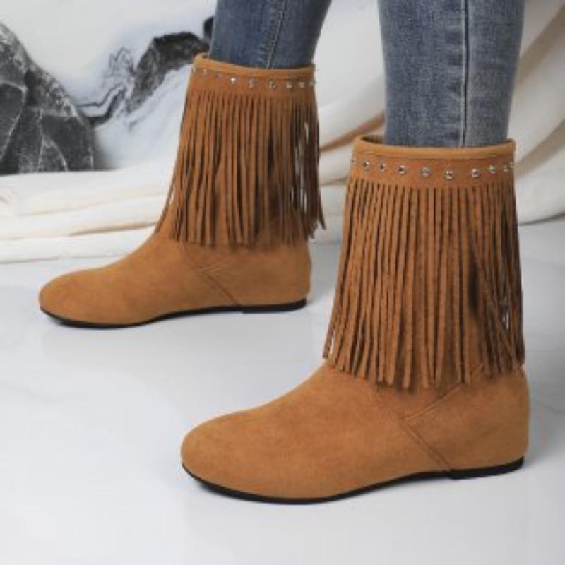 New Large-sized Shoes, Rivet Boots, Women's Round-toed Insole Height-increasing Thin Mid-calf Boots