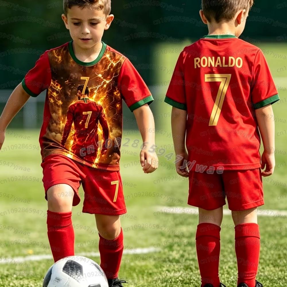 26 Chlapci Ronaldo Č. 7 Futbalový dres Tričko Šortky Set Ženy Muži Fanúšikovia Portugalska Tričko Šortky Set Deti Tričko Tepláková súprava 2-dielna súprava 100 red