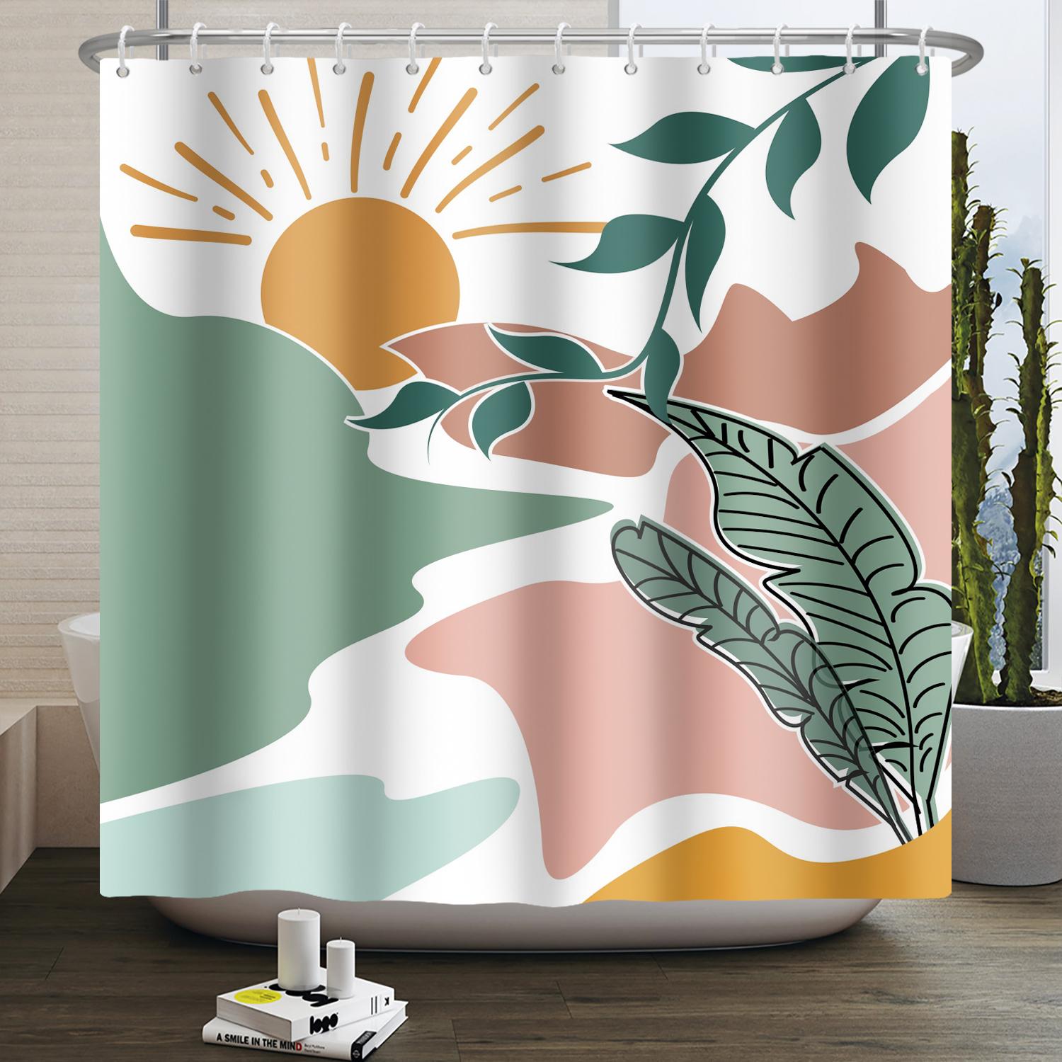 

Mid Century Abstract Boho Shower Curtain Green Leaf Plant Modern Arch Sun Minimalist Nordic Waterproof Bathroom Bath Curtain W90xH180cm