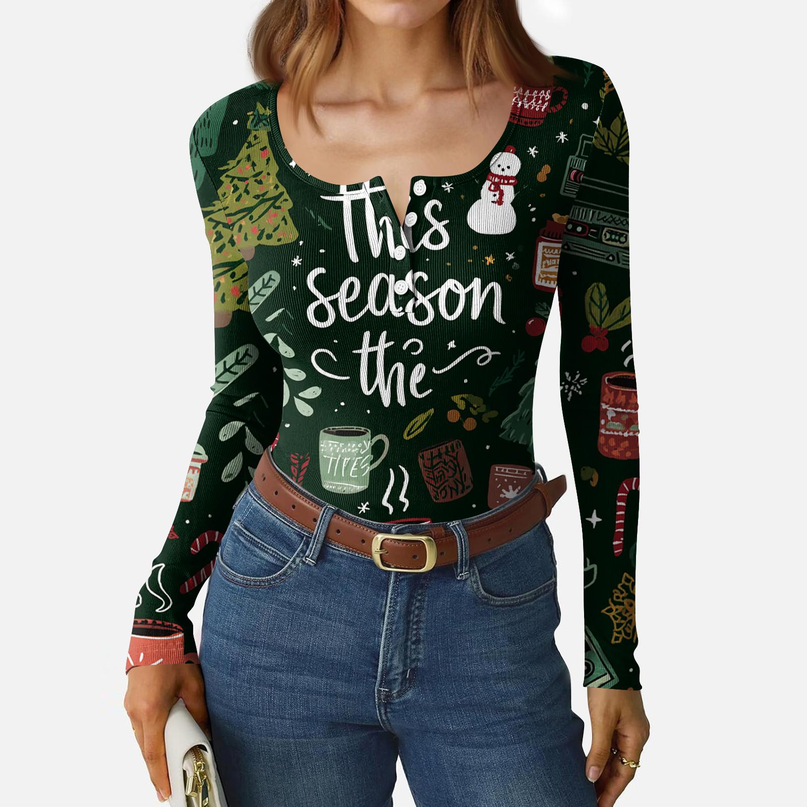 

Women s Casual Fashion Christmas Print Button Long Sleeve Top L