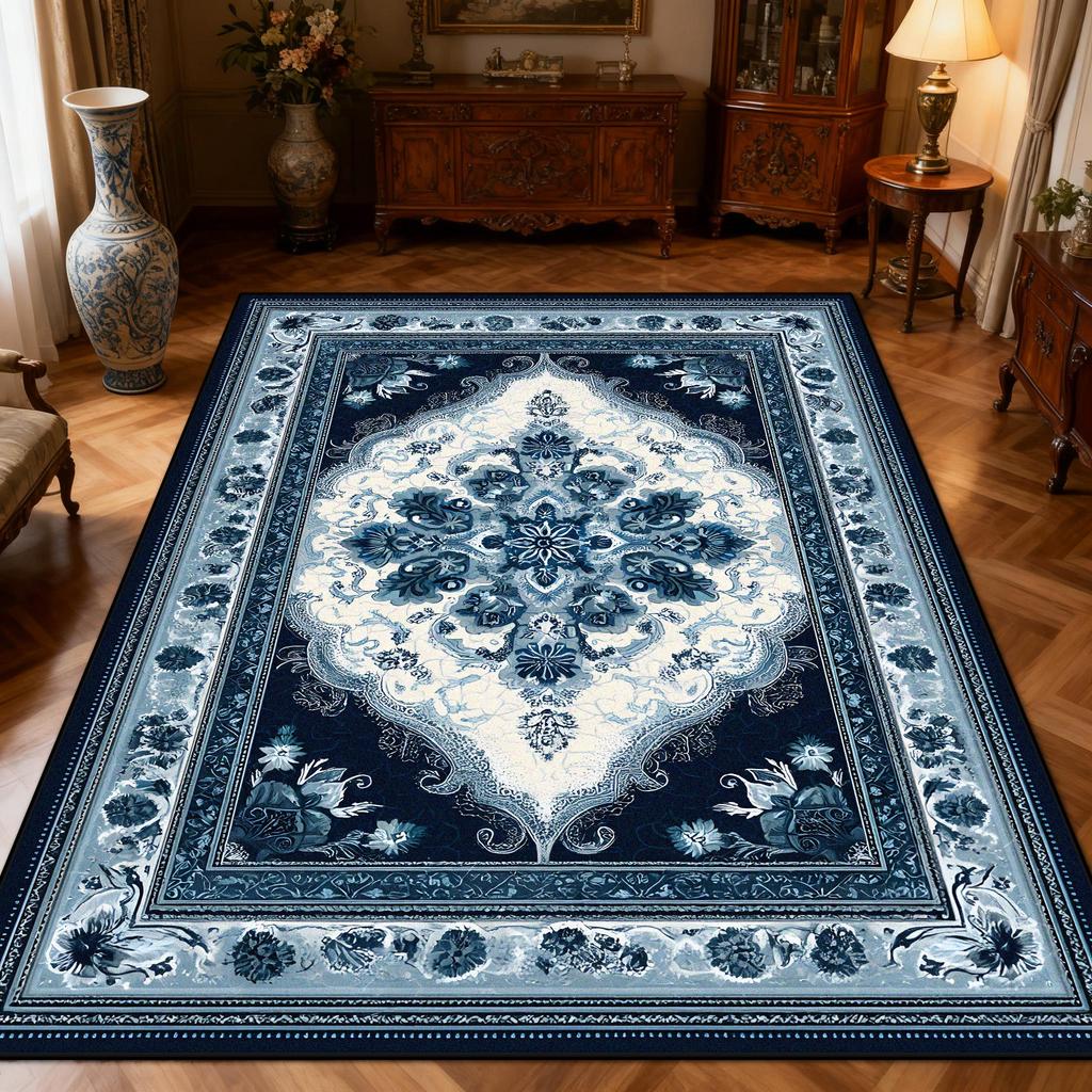 New Classical Carpet Decoration Bedroom Bedside Washable Short Velvet Rug Outdoor Balcony Foldable Soft Floor Mat Blue White