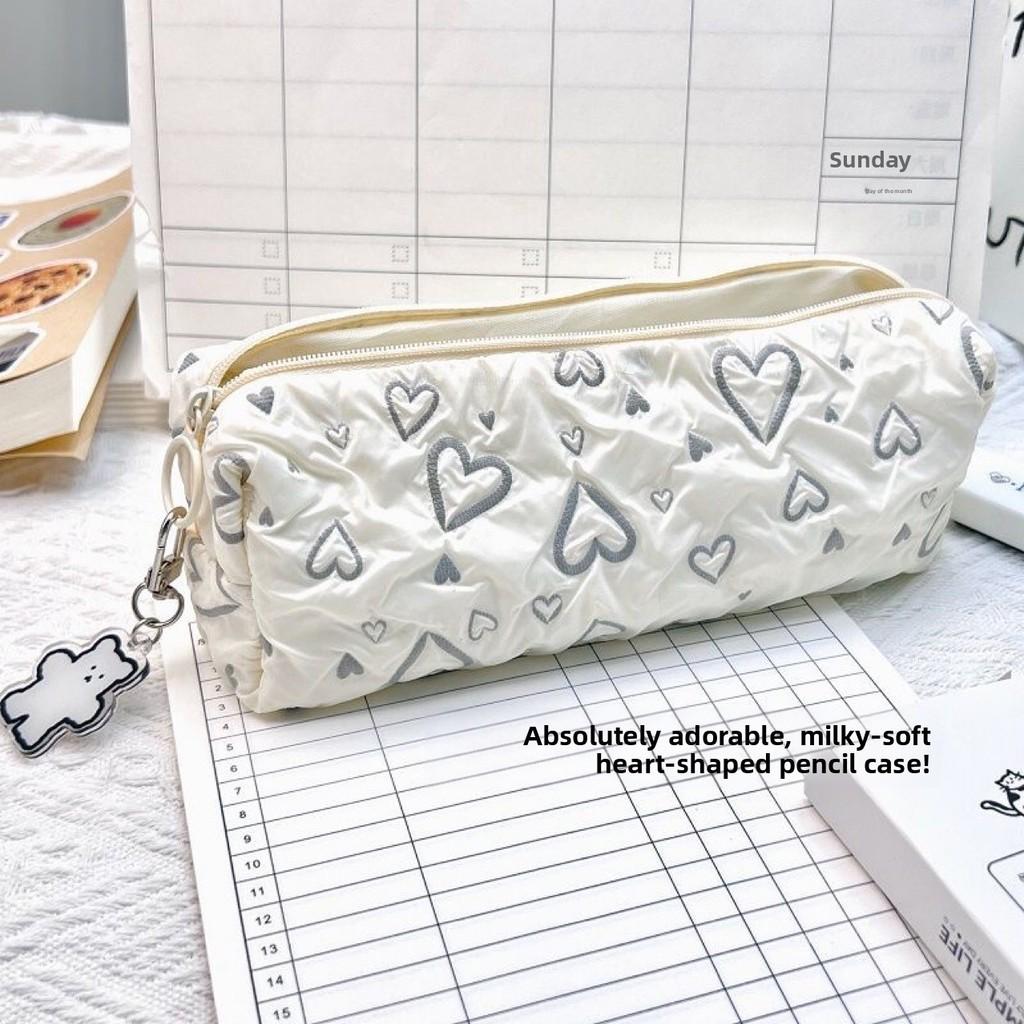 Korean Style Heart Embroidery Pencil Case With Polyester Material For Student Girls And Office Use