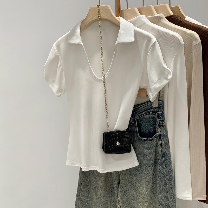 New 2026 Korean Style Grey V-Neck Slim Fit Short Sleeve T-Shirt for Summer Small белый
