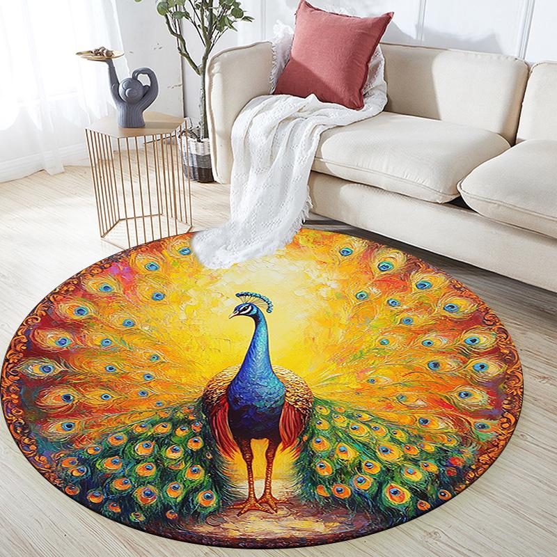 Peacock Round Area Rug,Carpet Rug for Living Room Bedroom Sofa Playroom Decor,Non-slip Floor Mat
