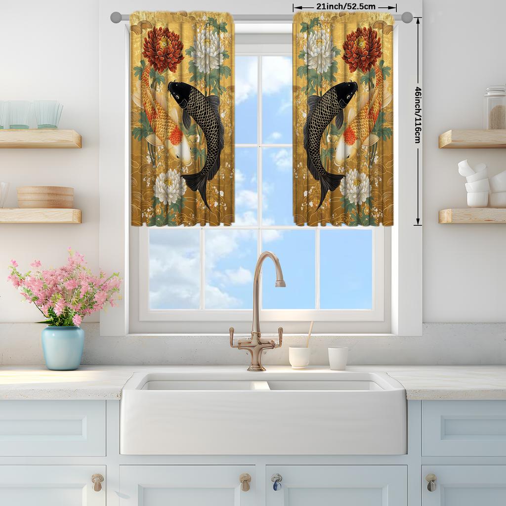 2 Stück Koi Glücksmuster bedruckter Vorhang für Heimdekoration - Stangentasche Fensterdekoration für Schlafzimmer, Büro, Küche