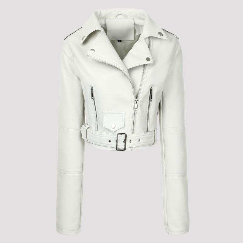 Womens Cropped PU Leather Jacket With