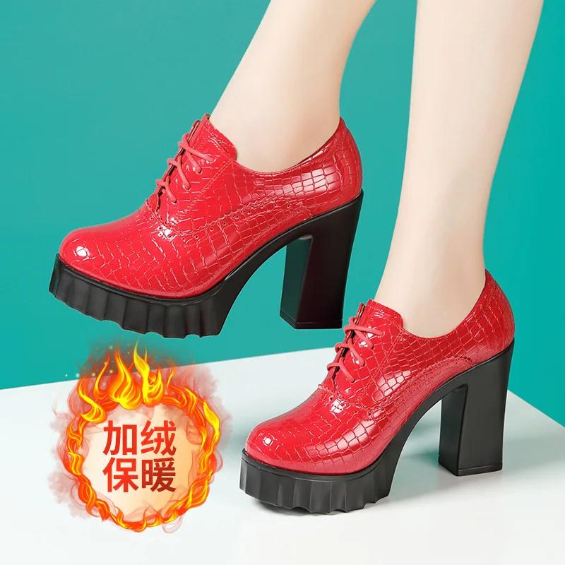 10cm Small Size 32-43 British Deep Mouth Platform Shoes Brogues Fall 2025 Block High Heels Shoes Genuine Leather Shoes Office
