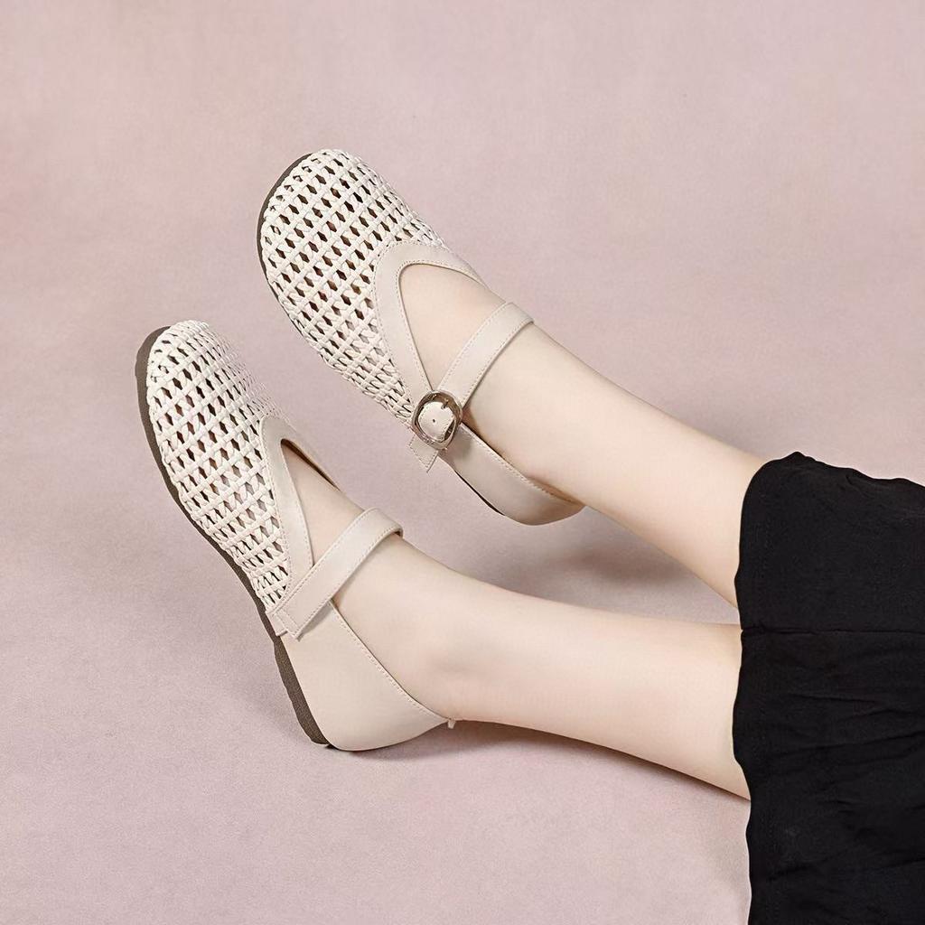 Damen Sommer hohle gewebte pastorale Schuhe mit runder Spitze, Slipper, Mary Jane Schuhe für Damen