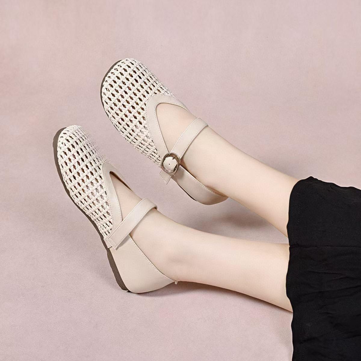 

Женские летние туфли-балетки с круглым носком, плетеные, в пасторальном стиле, на одном ремешке, женские туфли Мэри Джейн 40 бежевый