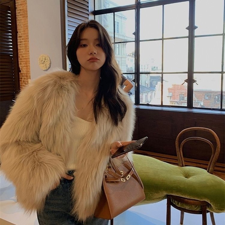 

Зимнее новое пальто из искусственного лисьего меха, женское короткое легкое пальто из искусственного енота, приталенное 2XL 120-67.5 kg абрикосовый