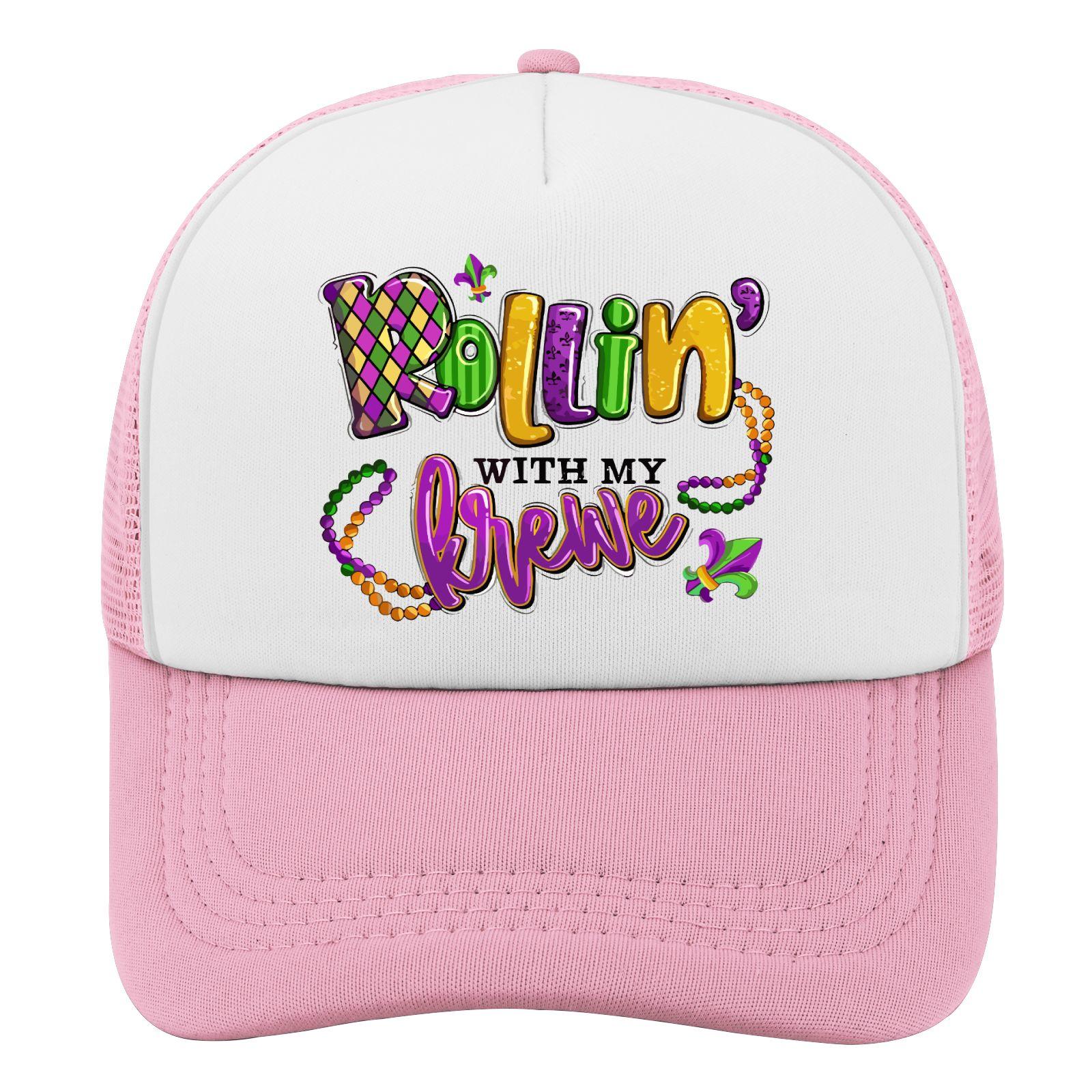 Mardi Gras Rollin With My Krewe Trucker Hat Polyester Adjustable Casual Cap for Adults One Size