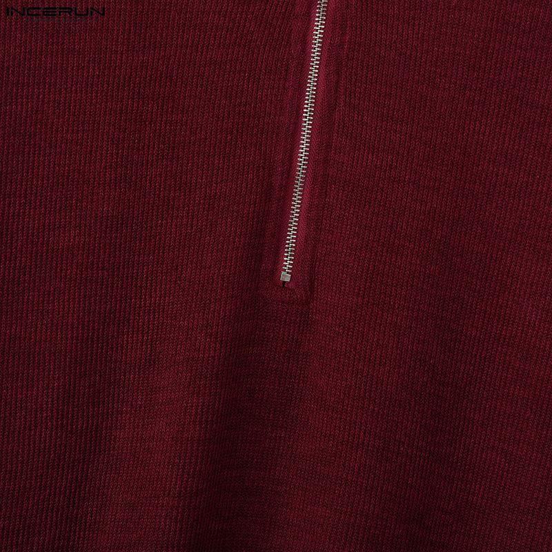 INCERUN Spring Men Stand Neck Long Sleeve Zip-up Texture Rib Knitted Pullovers Tops