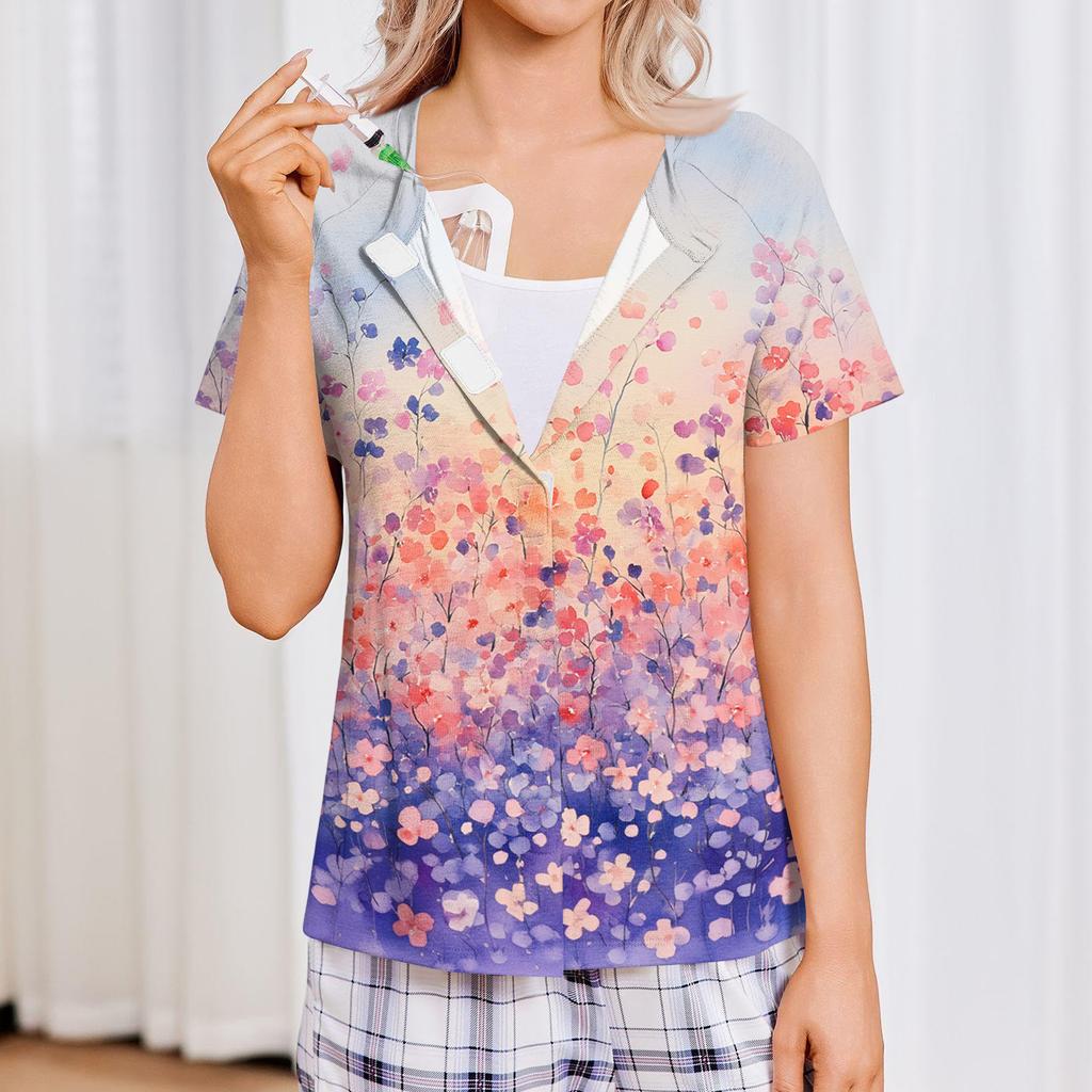 Women's Post-operative Short-sleeved  Color Shirt With Four Pockets