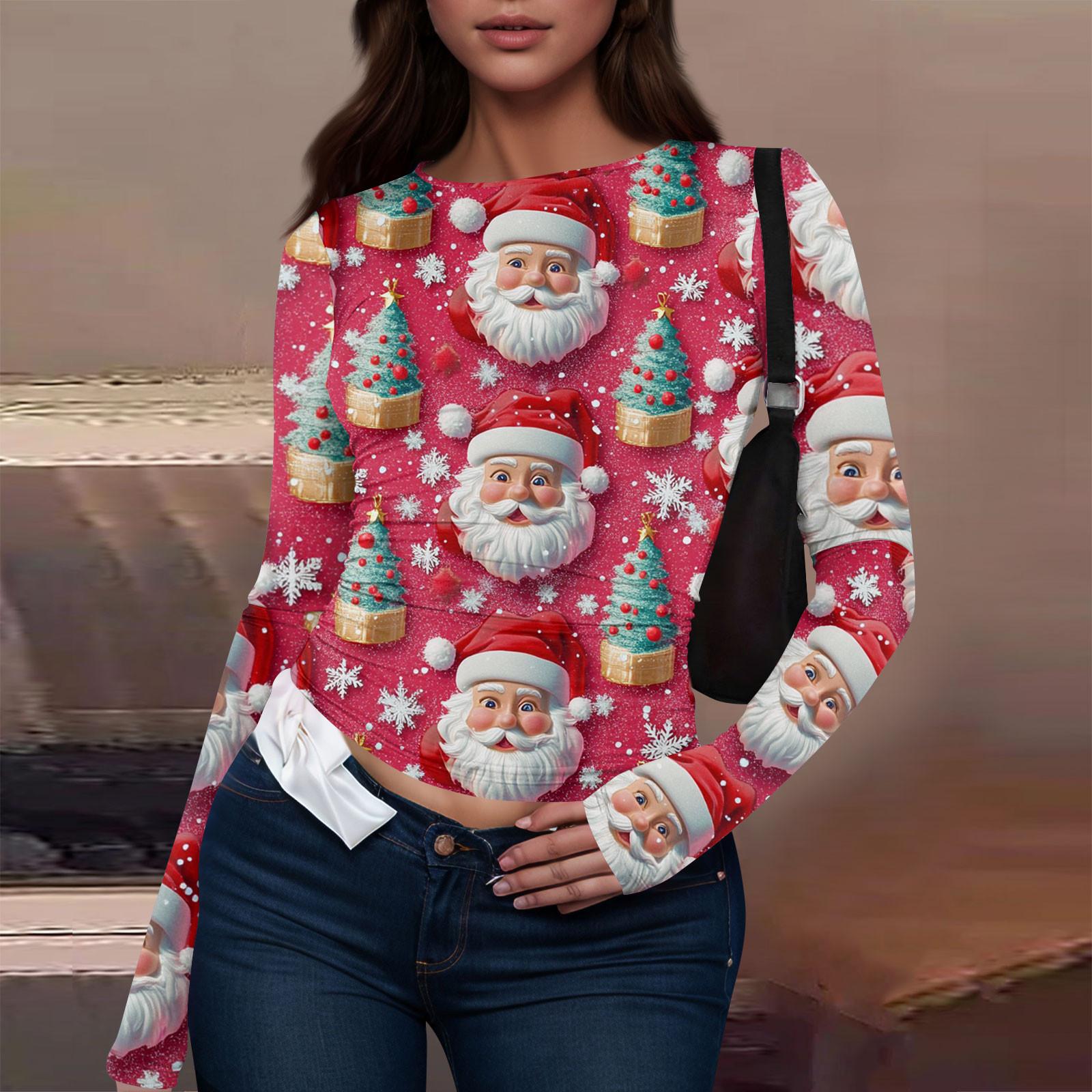 

Женская модная повседневная футболка с круглым вырезом и рождественским принтом с длинным рукавом XS белый