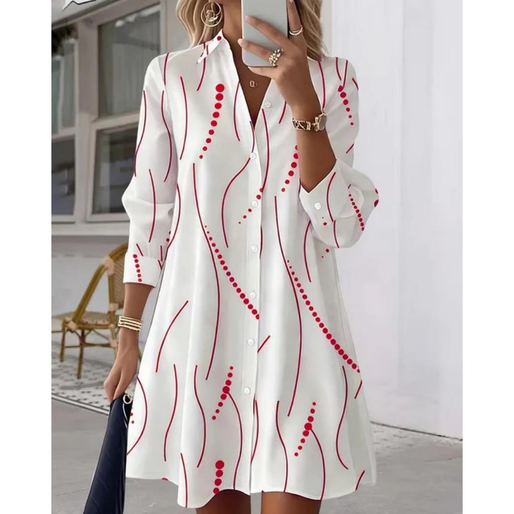 Spring Autumn Women's Casual Elegant Printed Shirt Dress, In Stock For Crossborder EU US Size