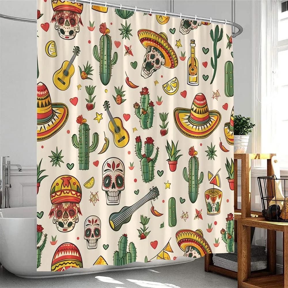 Mexican Style Shower Curtains Cartoon Tropical plants Cactus Bathroom Decor Polyester Fabric Bath Curtain with Hooks Washable