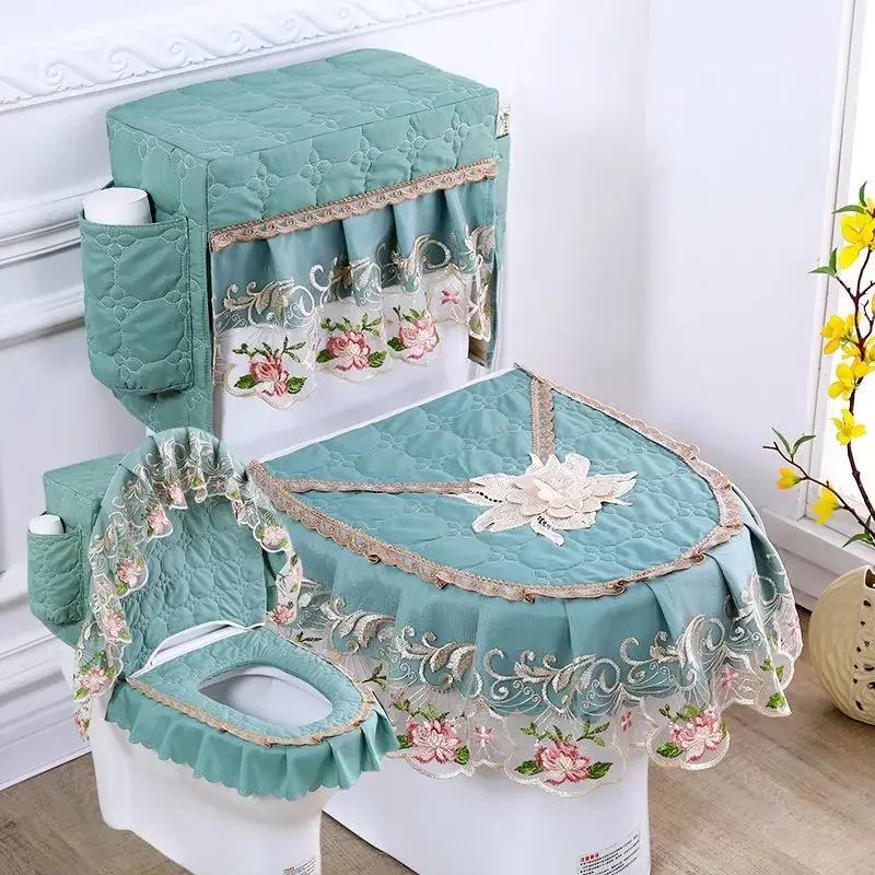 Lace 3D Embroidered Toilet Three Piece Set U-shaped Zipper Closestool Cover with Storage Bag Feather Wave Edge Dust Cushion