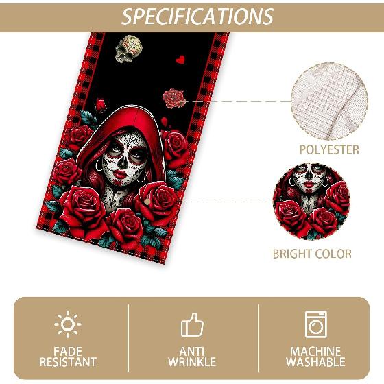 Day of The Dead Table Runner Dia De Los Muertos Tablecloth Sugar Skull Roses Mexican Fiesta Halloween Party Decoration and Supplies for Home Kitchen