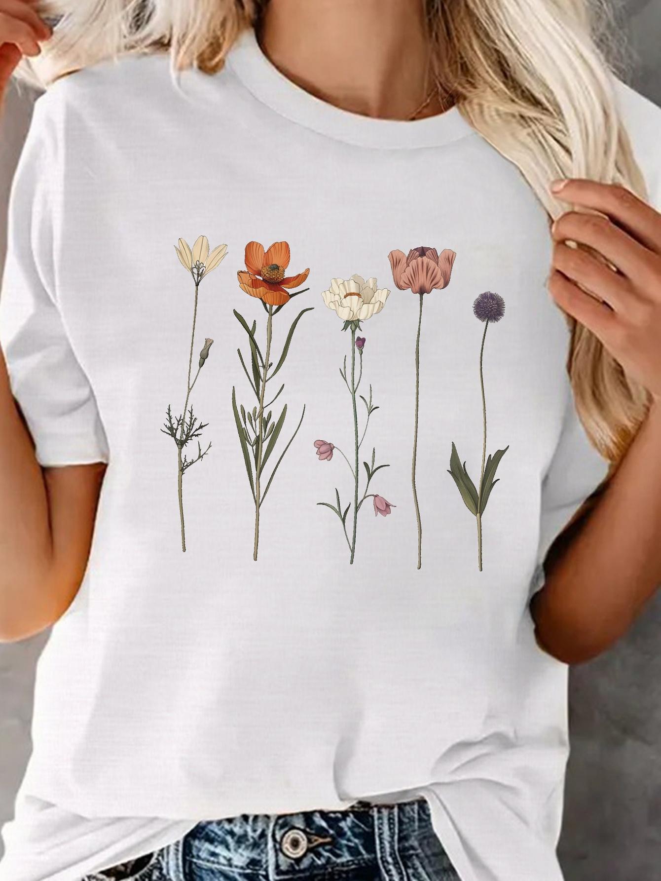 

Four Floral Prints T-shirt Women s Harajuku Short Sleeve Casual T-shirt Clothing Street Tops Tees Aesthetic Clothes 4XL