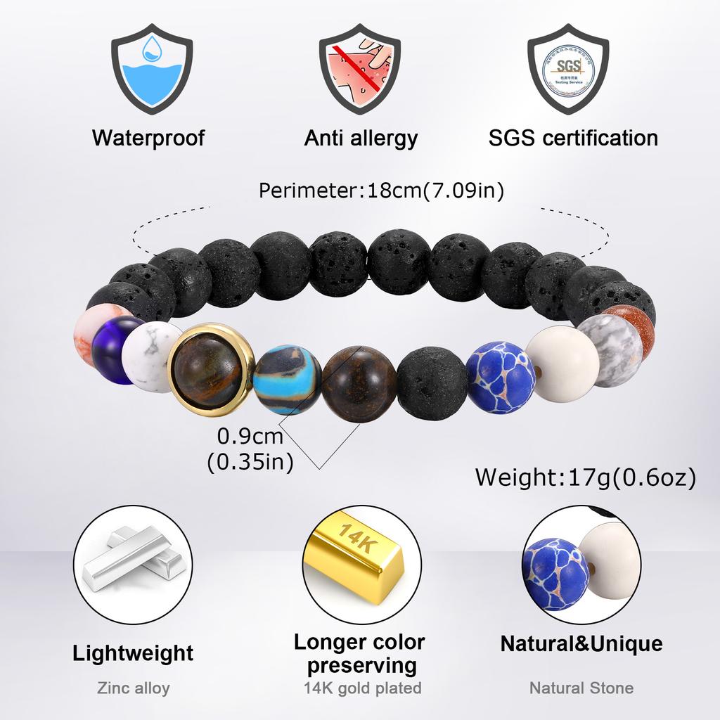 Eight Major Galaxies Beaded Bracelets for Men,Black Natural Stone Elastic Bead Bracelet,Classic Trendy Jewelry Gift