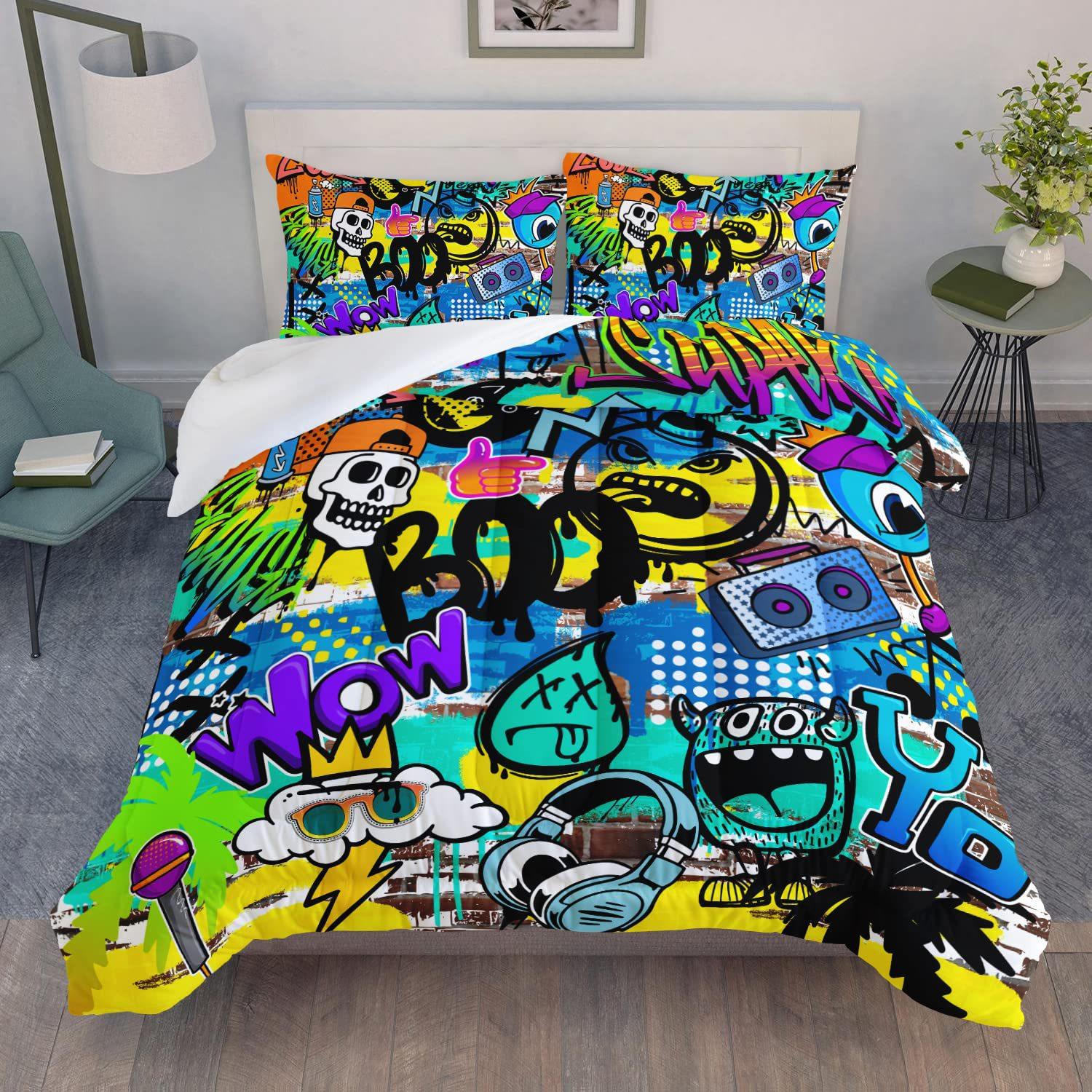 

Rock Music Graffiti Duvet Set, Hip Hop Art Bedroom Supplies Quilt Set Three-Piece Set Spain Cama 135