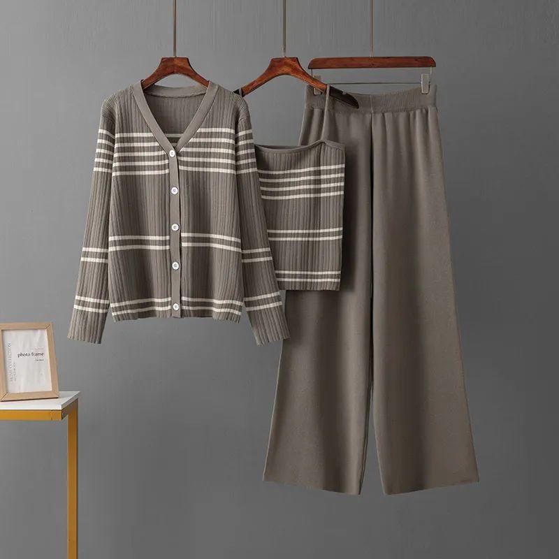 

2025 Fashion Set Women Korean Style V-neck Loose Casual Knit Top Three-Piece Set High Waist Slimming Straight Wide CAMEL All yards