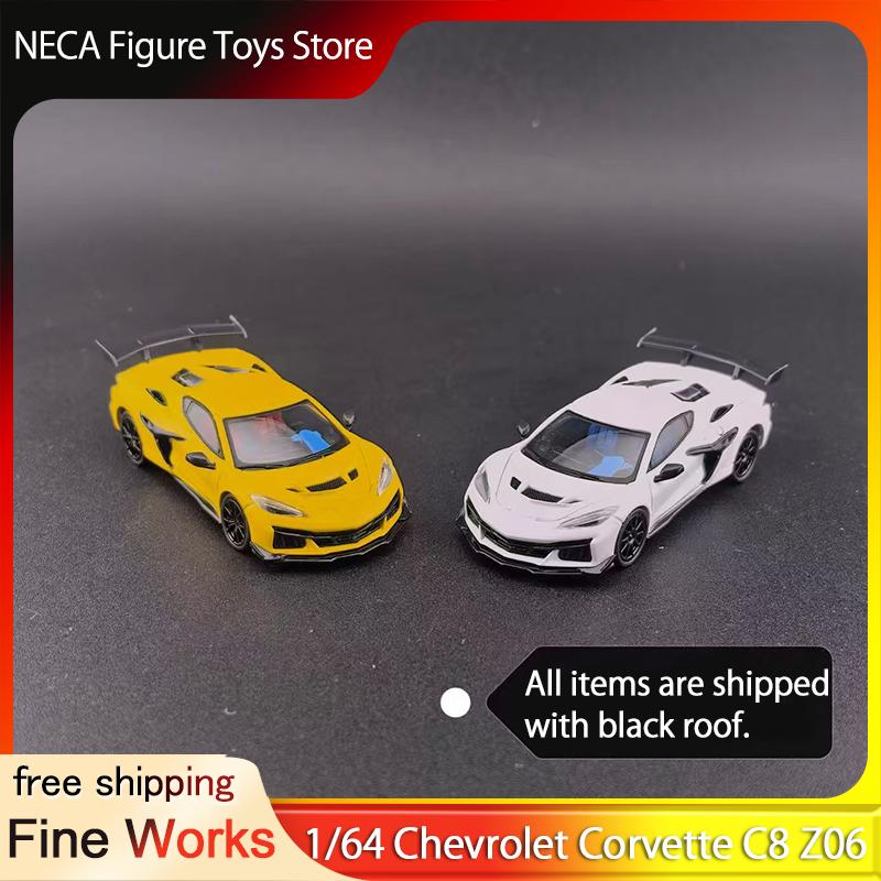 Fine Works 1:64 Chevrolet Corvette C8 Z06 Diecast Model Car With Black Roof 2 Colors Yellow White Collectible Gift Toys for Boys
