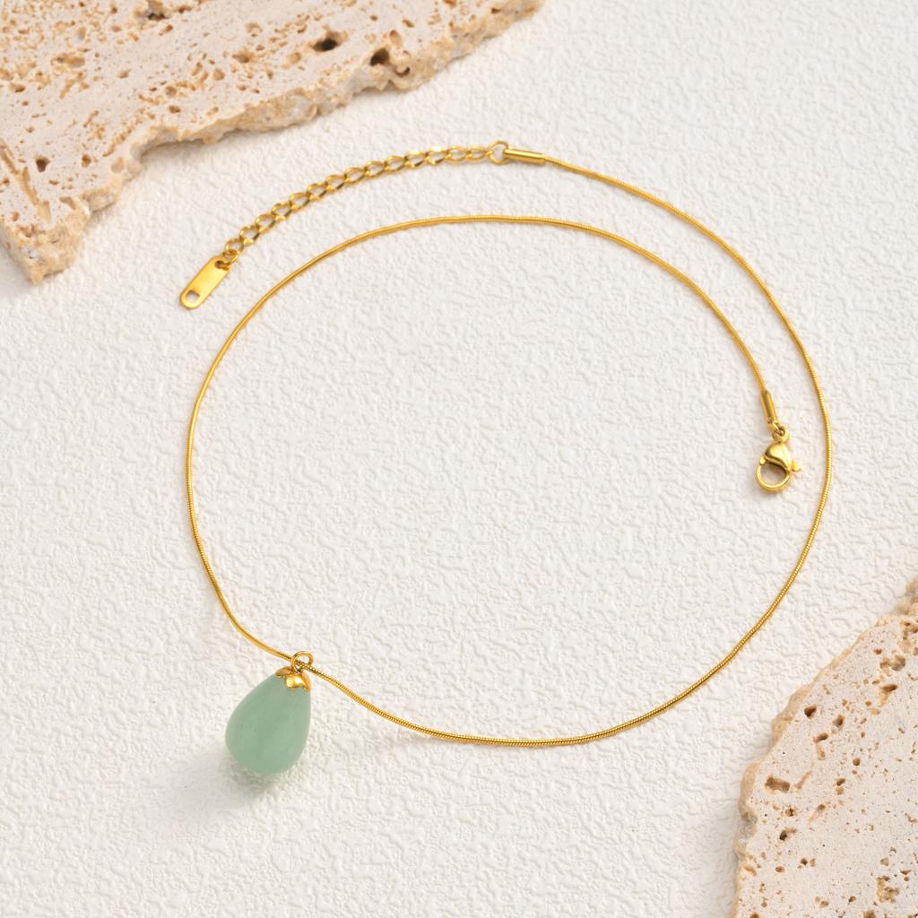 Vnox Elegant Natural Pink Quartz Green Aventurine Pendant Necklaces for Women, Waterdrop Gemstone Snake Chain Party Jewelry Gift