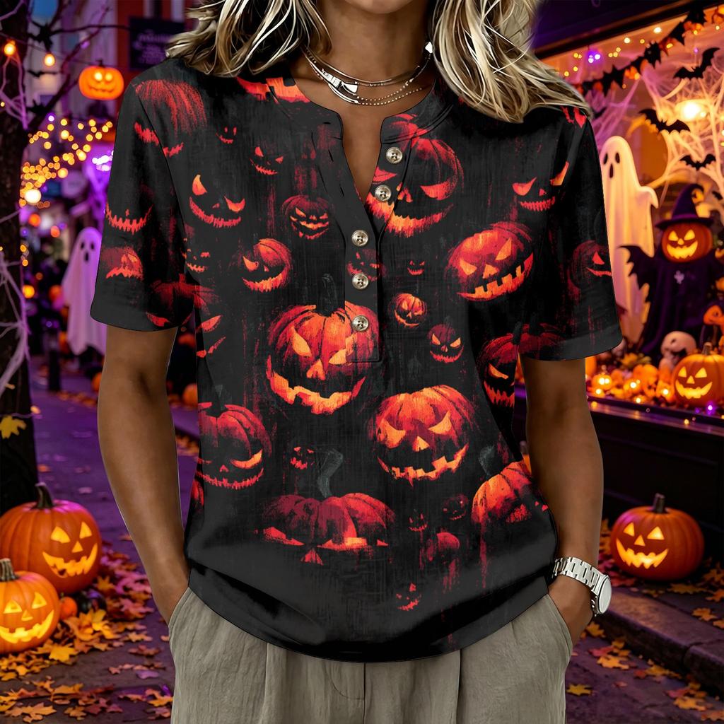 Women's Short Sleeve Henley Shirt Button Front Casual Loose Fit Cotton Linen Blend Top Halloween Graphic Print