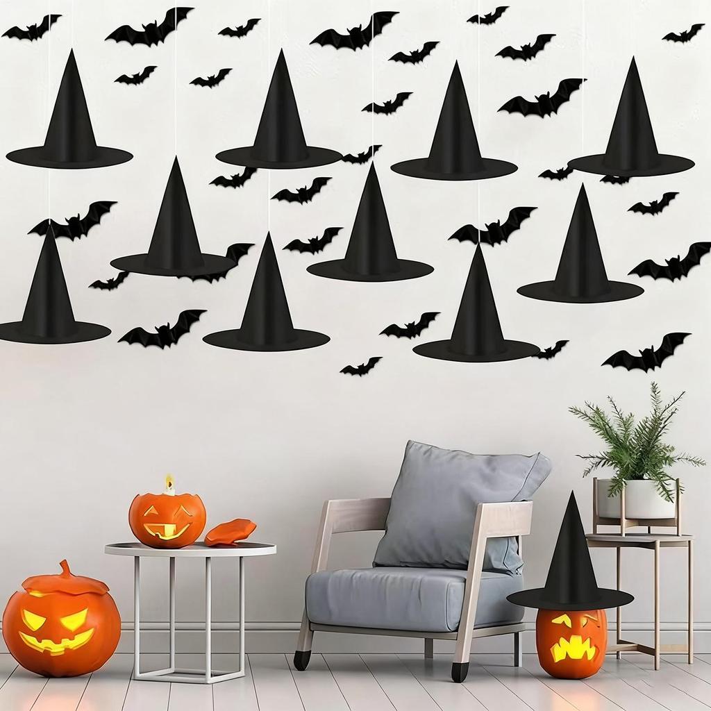 Halloween Witches Hat 12 Pieces Spooky Halloween Decorations With Bats Witch Hat Set With 164Ft Nylon Cord For Indoor Outdoor