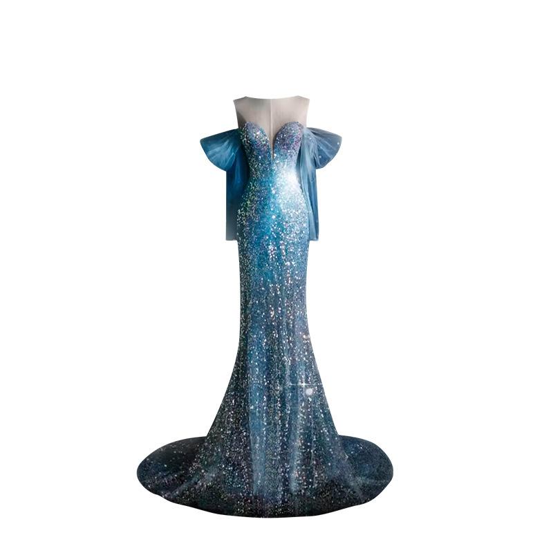 Light blue fishtail light luxury evening dress 1011 new host temperament tube top toast dress skirt sequined dress